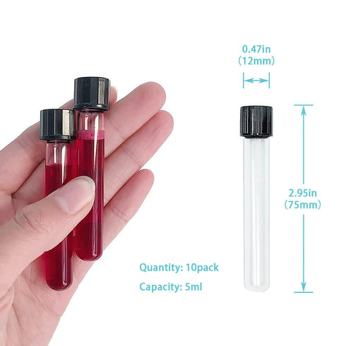 12x75mm Glass Test Tubes with Black Screw Caps, 5ml Boro Glass Test Tubes for Scientific Experiments, Candy Storage, Party and Home Decorations, Plant Propagation and Holiday Gifts, HUAOU, Pack of 10