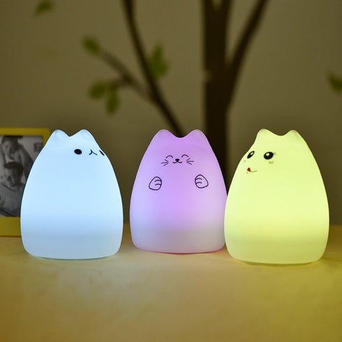 7-Color Cat Night Light, USB Rechargeable Silicone Cute Night Light for Kids Baby Children, Changing LED Cat Lamp