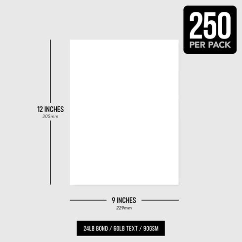 9" 12" 24lb 60lb 90gsm 250 Pack x White Regular Paper Multipurpose Office Paper for Copy, Printing and Writing | Inkjet