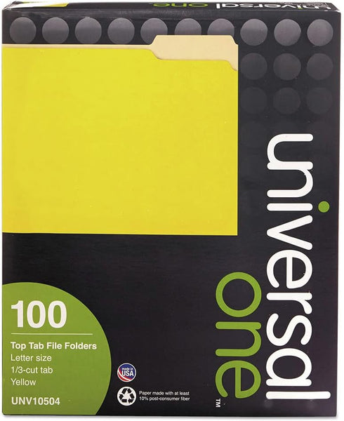 Universal UNV10504 Deluxe Colored Top 1/3-Cut Tabs File Folders - Yellow/Light Yellow (100/Box)