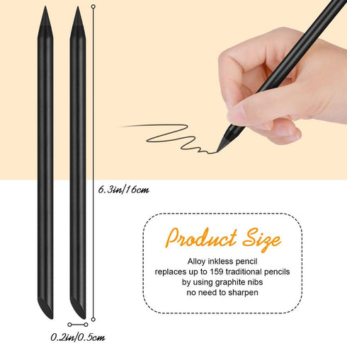 AUAUY 2PCS Metal Inkless Pencil, Reusable Everlasting Pencil with 2 Replaceable Nibs for Writing Drawing
