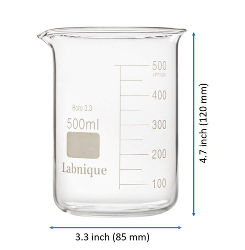 500ml Labnique Borosilicate 3.3 Glass Griffin Beaker, Low Form with Printed Graduation, Double Boxed (Pack of 8)