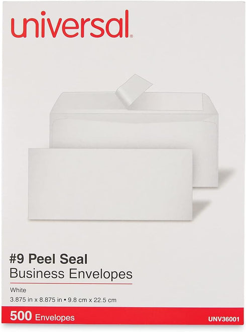 Universal 36001 Peel Seal Strip Business Envelope, #9, 500/Box, 3 7/8 x 8 7/8, White