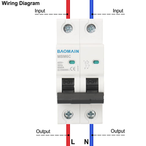 Baomain 6A AC Miniature Circuit Breaker, 400V 50Hz 6000A 2 Pole C65 MCB DIN Rail Mounting, MBM6C