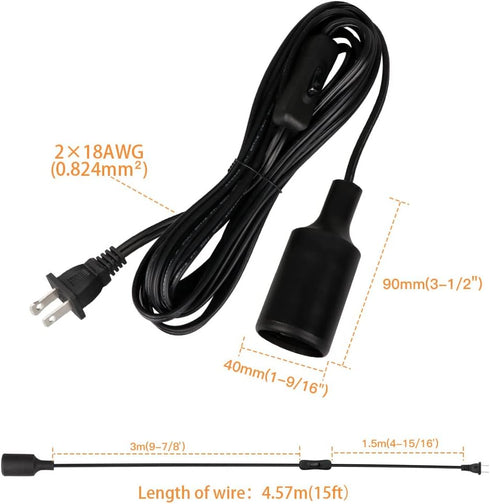 Zevnico 15 E26 E27 Bulb FT Hanging Light Socket with Cord, Black Extension Cord with ON Off Switch Plug, Light Socket