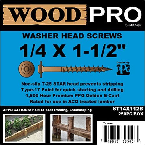 ST14X112B 1/4-Inch by 1-1/2-Inch Round Washer Head Exterior Wood Screws, 250-Pack in Gold