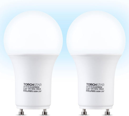 TORCHSTAR Dimmable GU24 Base LED Light Bulb, 800lm A19 Shape, 5000K Daylight, Pack of 2