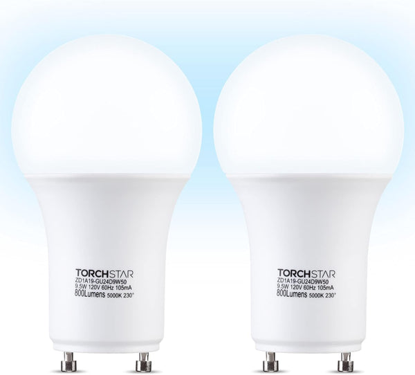 TORCHSTAR Dimmable GU24 Base LED Light Bulb, 800lm A19 Shape, 5000K Daylight, Pack of 2
