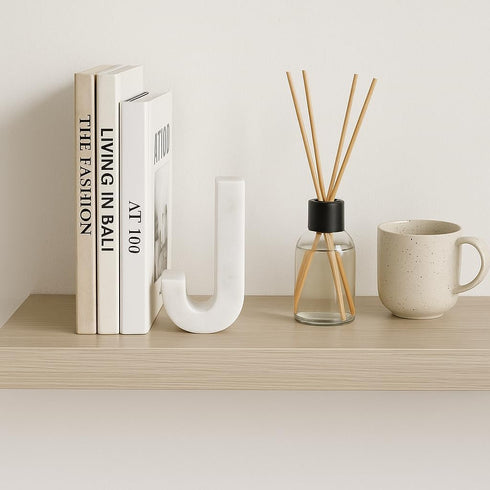 Handcrafted Natural Marble Letter J Bookend Solid Taj Mahal Marble Decorative Accent for Office, Living Room
