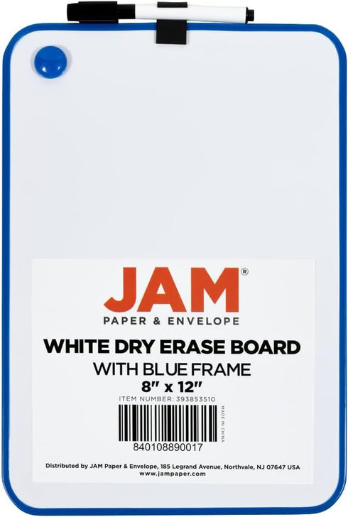 JAM PAPER Magnetic Dry Erase Foam Boards 8 x 12 with Black Board Marker, Blue Border, Sold Individually