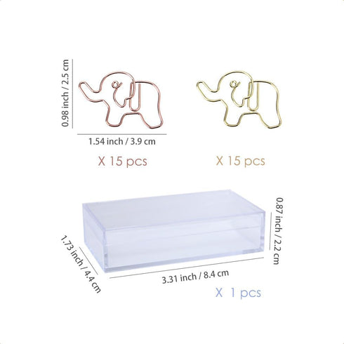 OWLFAVO 30pcs Elephant Shape Paper Clips, Clear Box, Rose Gold and Yellow Gold, Cute Office Supplies