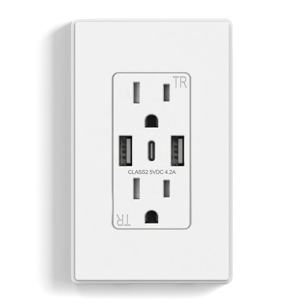 ELEGRP USB Wall Outlet 3-Ports USB C Receptacle, Matte White 15 Amp with USB Ports, UL & CUL Listed