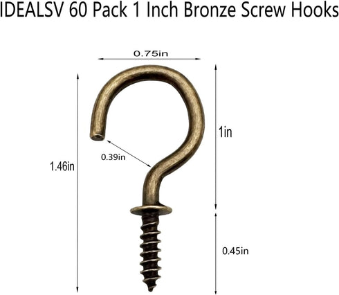 60 Pack 1 Inch Bronze Screw Hooks, Indoor Outdoor Screw Cup Hook for Mug, Plants, Lights