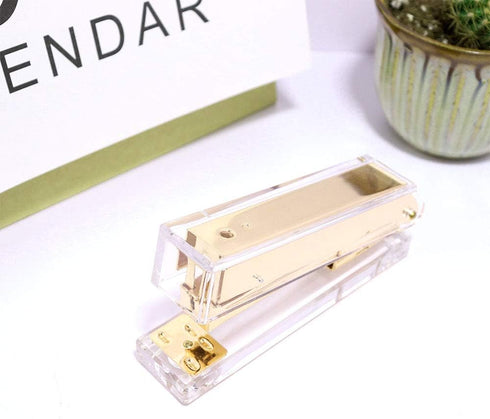 Stapler and Tape Dispenser Kit, Acrylic Desk Organize Accessories, Clear Tape Dispenser, Gold Stapler