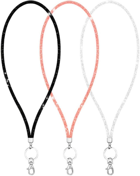 Bling Crystal Lanyard Strap with Metal Clasp & Keyring - Rhinestone ID Badge Lanyards for Women - 3 Pack