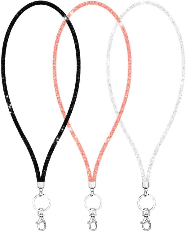 Bling Crystal Lanyard Strap with Metal Clasp & Keyring - Rhinestone ID Badge Lanyards for Women - 3 Pack
