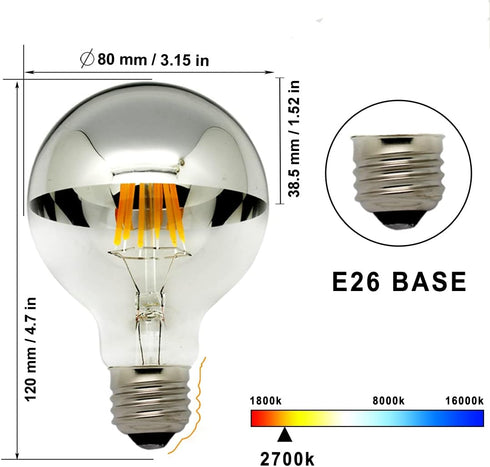 Bulbs,Dimmable,LED Bulbs,Silver Bulb,Mirror 6W (60W G80/G25 Bulb,E26 2700K,for Pack 2 LUXON Half Chrome Light Edison