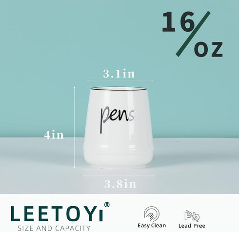 LEEOTYI Ceramic Farmhouse Pen Holder, 16 oz Pencil Organizer, White