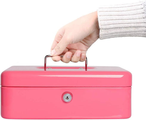 Cash Box with Money Tray, Large Money Box with Key Lock, 9.8 x 7.9 x 3.5 inches, Pink