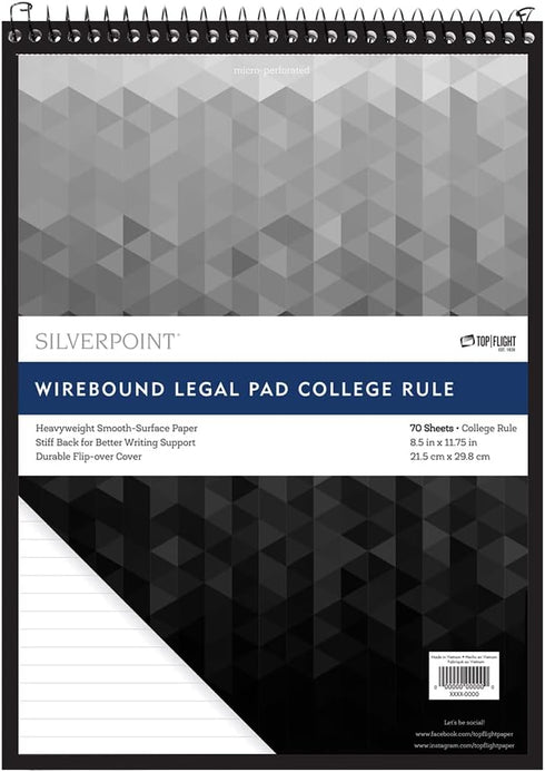 Top Flight Silverpoint Top Wire Legal Pad, College Rule, Heavy Back, 8.5 x 11.75