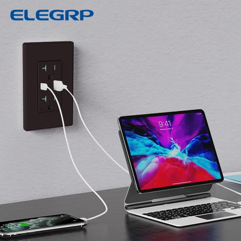 ELEGRP USB Charger Wall Outlet, USB Receptacle with USB A & USB C Ports, 15 Amp Duplex, Matte Brown