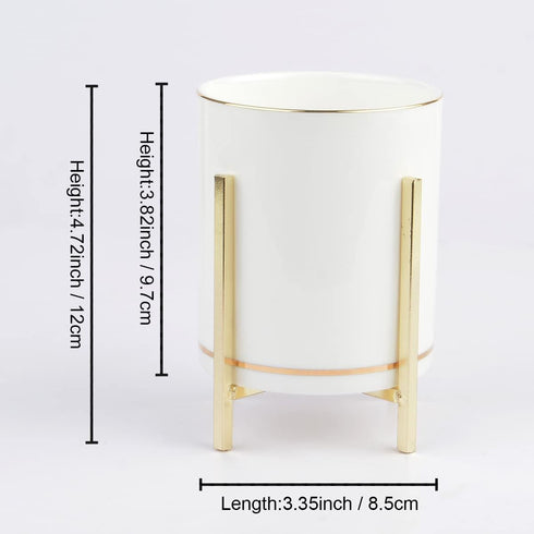 Gold Pen Holder for Desk, Aesthetic Ceramic Pencil Cup with Metal Legs, Makeup Cup for Brushes
