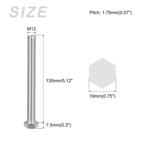 Hex Bolts (M12-1.75x130mm) 2Pcs, Fully Threaded Coarse Hex Head Screw Bolt Machine Screws - 304 Stainless Steel, Silver