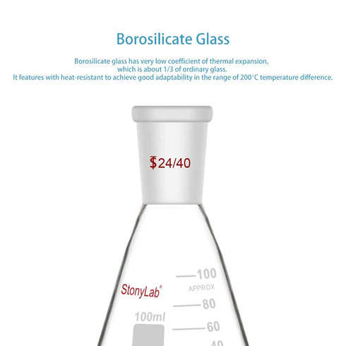 StonyLab 24/40 Borosilicate Glass Erlenmeyer Flask, Heavy Wall Flask with 100ml Capacity