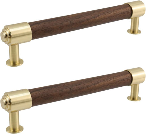 2 Pcs 5"/128mm Brass and Walnut Cabinet Pulls, Elegant Kitchen Drawer Handles,