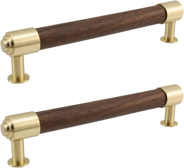 2 Pcs 5"/128mm Brass and Walnut Cabinet Pulls, Elegant Kitchen Drawer Handles,