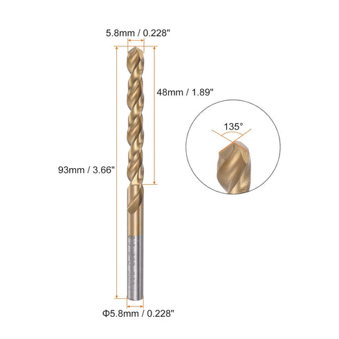 HARFINGTON 2pcs Twist Drill Bits - 5.8mm Titanium Coated HSS-E M42 High Speed Steel for Stainless Steel