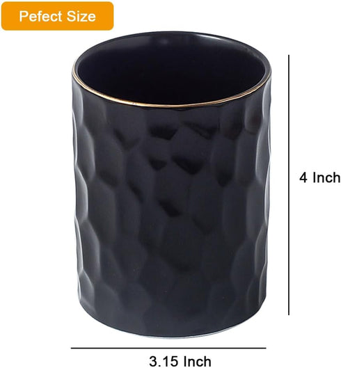Ceramic Aesthetic Pen Holder for Desk, Cute Pencil Holder Cup Pot Organizer for Men Women, Makeup Brush Holder (Black)