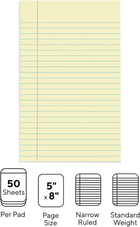 5 8, 50 36/Carton STAPLES Notepads, x Narrow Ruled, Canary, Sheets/Pad
