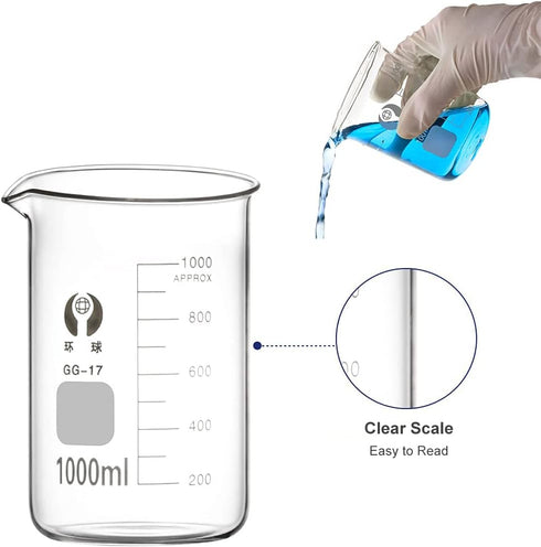 ZEEROQOLAB Glass Beakers Set, 5pcs Measuring Pyrex Beakers with Cleaning Brush and Droppers