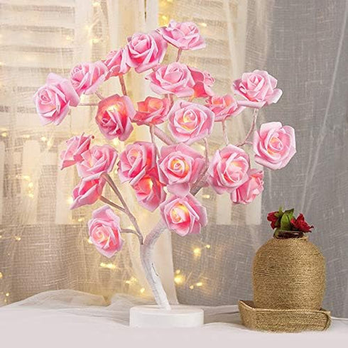 LenoRis 24 Table Lamp Rose Flower Desk Tree Lamp with Warm White LED Lights USB/Battery Operated Gift for Women Teens