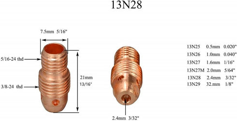 RIVERWELD TIG Collet Body 13N28 13N23 (3/32" & 2.4mm) Assorted Size Kit Fit SR PTA WP 9 20 25 TIG Welding Torch 15pcs