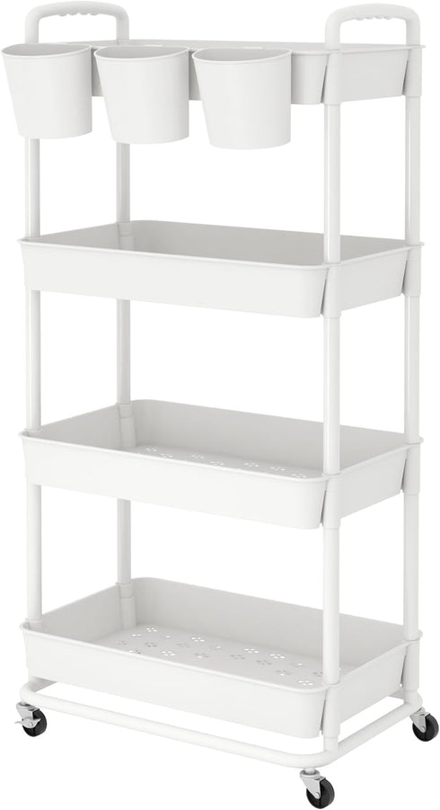 JIUYOTREE 4-Tier Plastic Rolling Storage Cart Utility Cart with Extra Hanging Cups