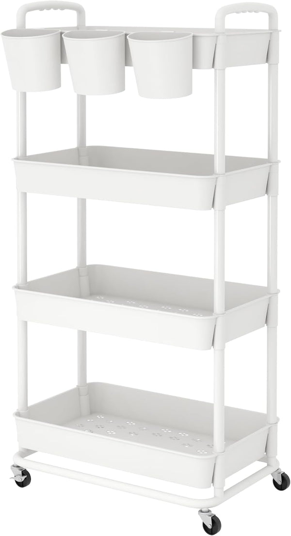 JIUYOTREE 4-Tier Plastic Rolling Storage Cart Utility Cart with Extra Hanging Cups