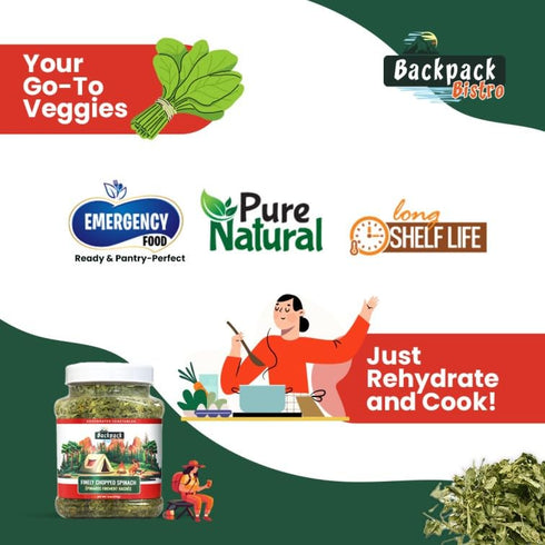 Backpack 5.99 oz (170 Bistro Dehydrated Finely Chopped Spinach g) | Emergency Food, Everyday & Camping Cooking | Dried