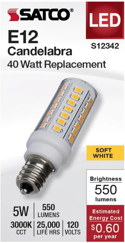 Satco 5W T6 Bulb, 3000K 120 Commercial, LED Mini Candelabra Clear Finish, Soft White, Volt, Residential Indoor Enclosed