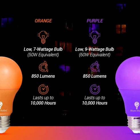 4 Pack LED Light Bulbs: A19 Purple & Orange 9W (60W Replacement) E26 Base for Home, Party, Halloween Lighting