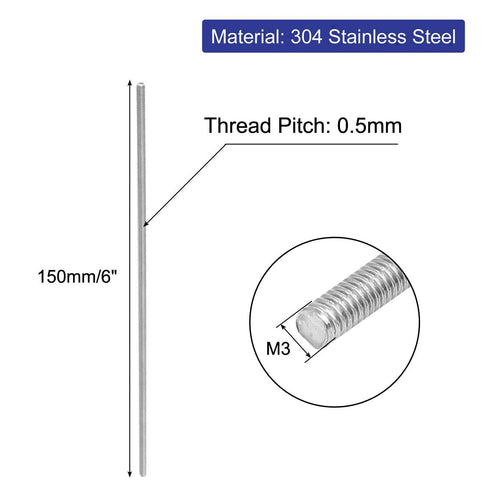 uxcell M3 x 150mm 0.5mm Pitch 304 Stainless Steel Fully Threaded Rods Fasteners (Pack of 10)