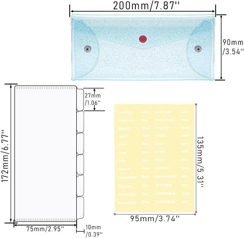 Cash Envelope Wallet with 6pcs Divider and 2pcs Tab Stickers - Reusable Budget Envelopes, Blue Glitter PVC Organizer