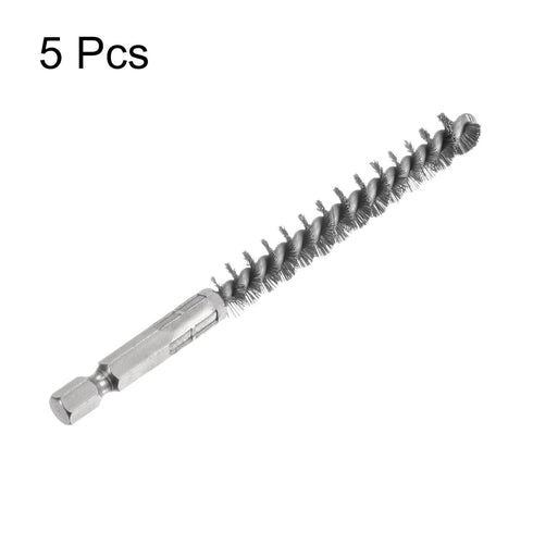 5Pcs Stainless Steel Bore Brush, 10mm Dia Twisted Wire Tube Cleaner with Handle, 1/4 Inch Hex Shank
