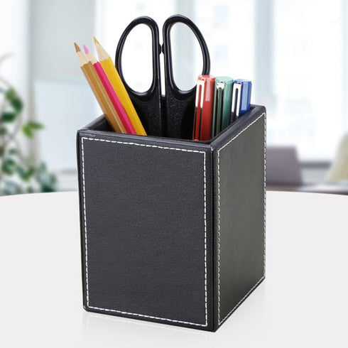 KINGFOM PU Leather Square Pens Pencils Holder - Desktop Organizer Case (Black)
