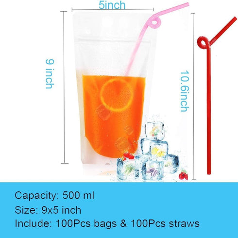 100 Sets Pcs Drink Pouches with Straws, Freezable Drink Bags Juice Pouches for Adults and Kids, Reclosable Zipper