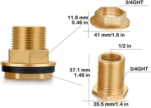 Brass Water Tank Connector Bulkhead Tank Fitting 1/2" Female 3/4" GHT Male Water Tank Connector (2 Pack) by YELUN