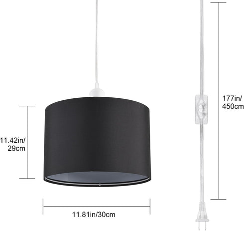2 Pack 15Ft Plug in Pendant Light, Hanging Light with Clear Cord, On/Off Switch, Black Fabric Lamp Shade, Hanging Light