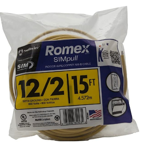12/2 15ft 28828226 Southwire Romex Brand Simpull Solid Indoor W/G NMB Cable coil - SW#