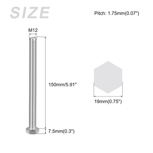 Hex Bolts (M12-1.75x150mm) 2Pcs, 304 Stainless Steel Fully Threaded Hex Head Machine Screws for Furniture Repair, Silver